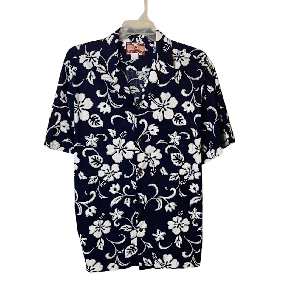 RJC Hawaiian Shirt Mens 2XL Navy Blue White Floral Made in Hawaii USA Aloha Camp